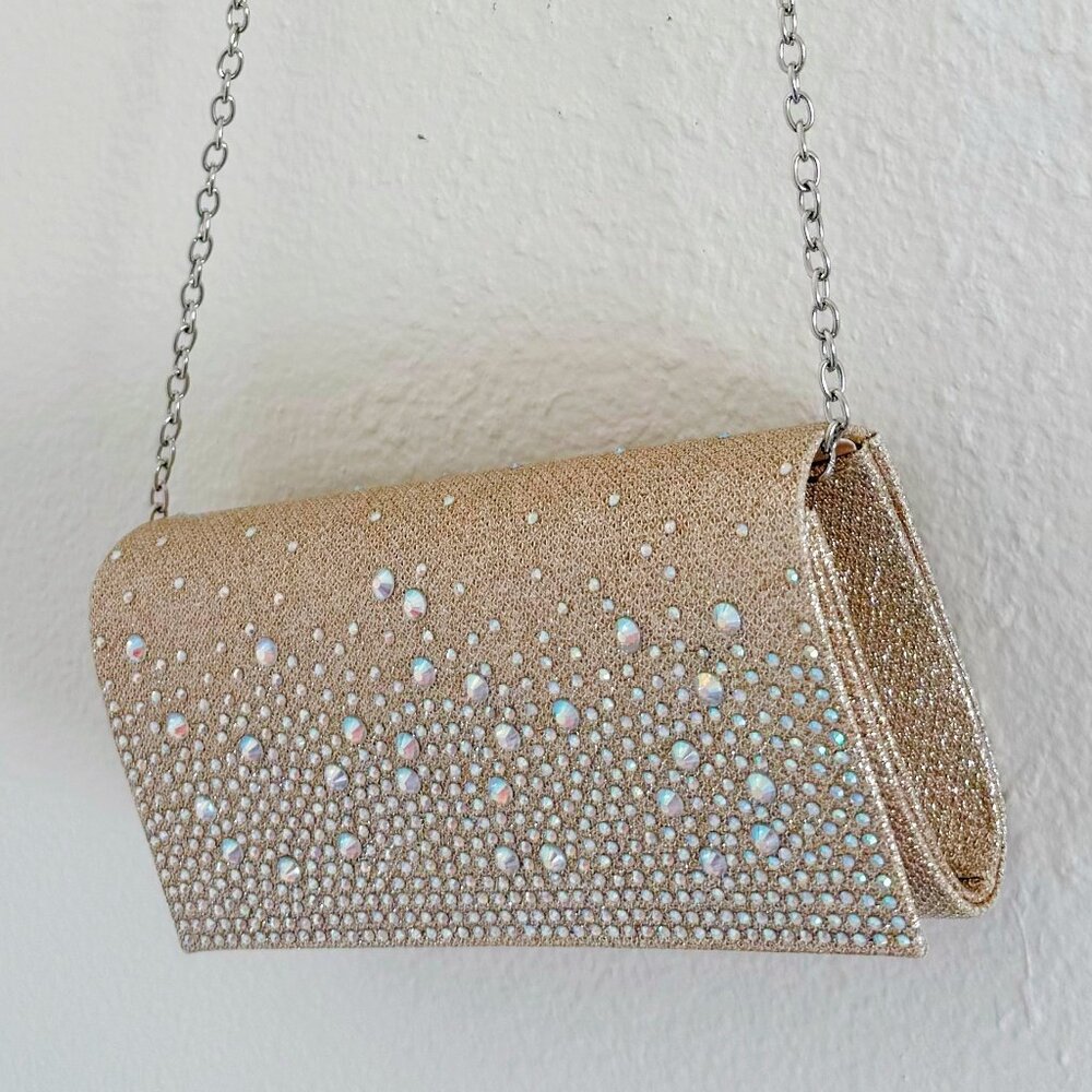 Jessica McClintock Gold Rhinestone Evening Clutch | Crossbody Chain | Perfect fo